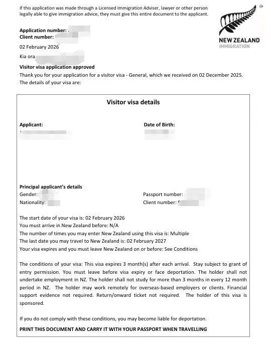 Anonymised Visitor Visa approval notice