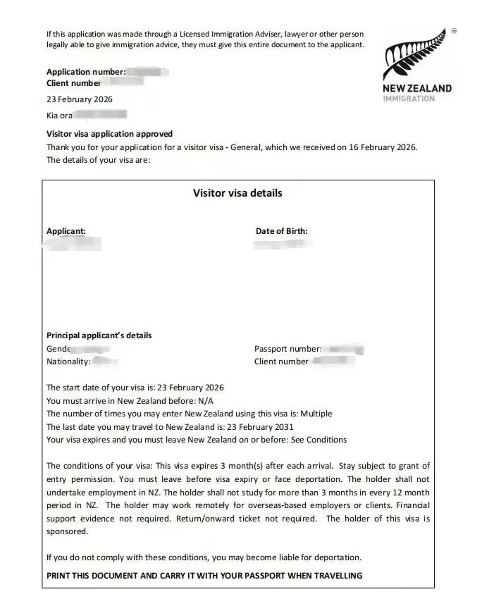 Anonymised Visitor Visa approval notice