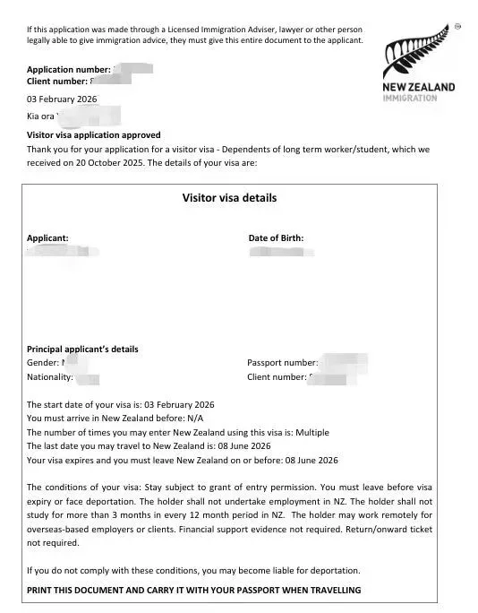 Anonymised Visitor Visa approval notice
