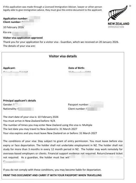 Anonymised Visitor Visa approval notice