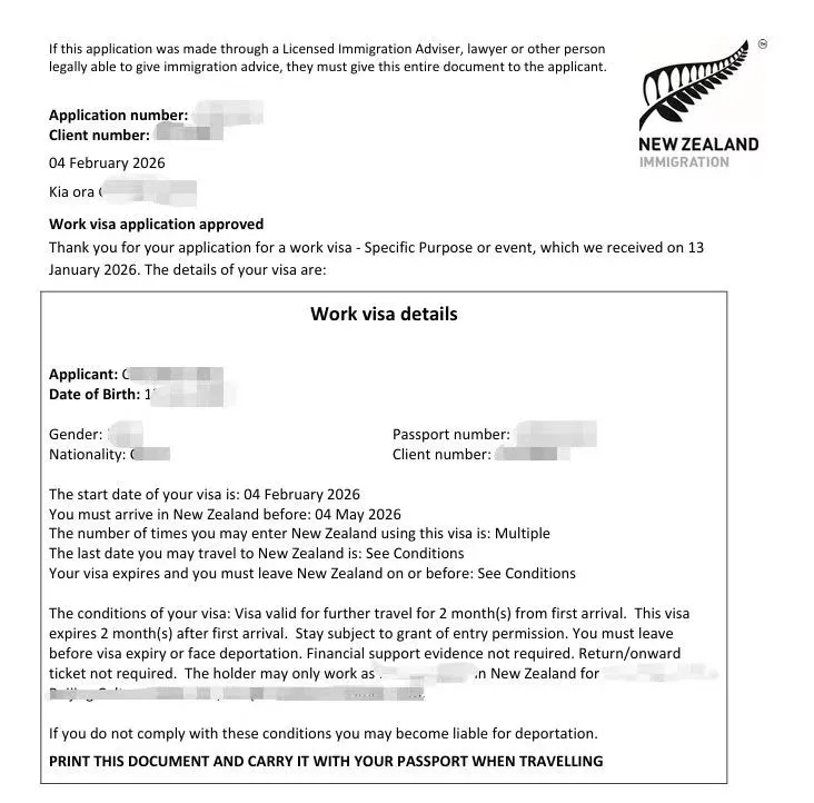 Anonymised Work Visa approval notice