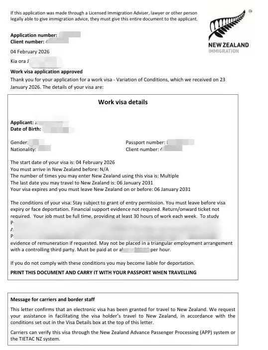 Anonymised Work Visa approval notice
