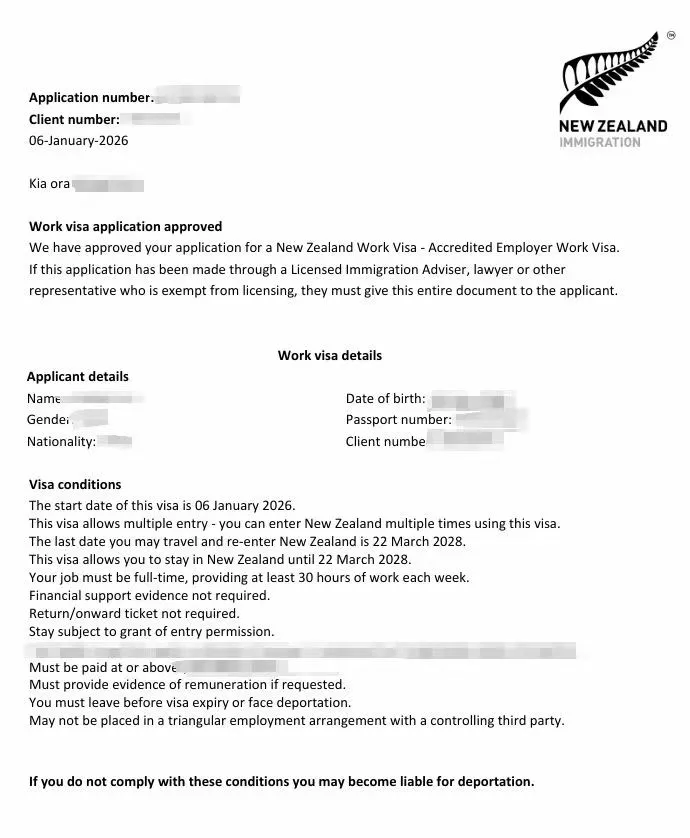 Anonymised Accredited Employer Work Visa approval notice