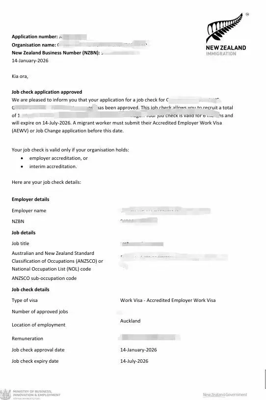 Anonymised Job Check approval notice