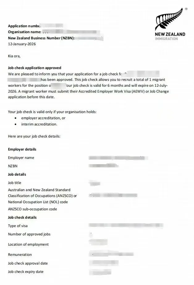 Anonymised Job Check approval notice