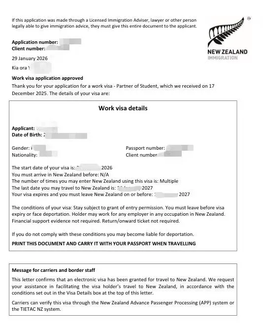 Anonymised Partner of a Student Work Visa approval notice