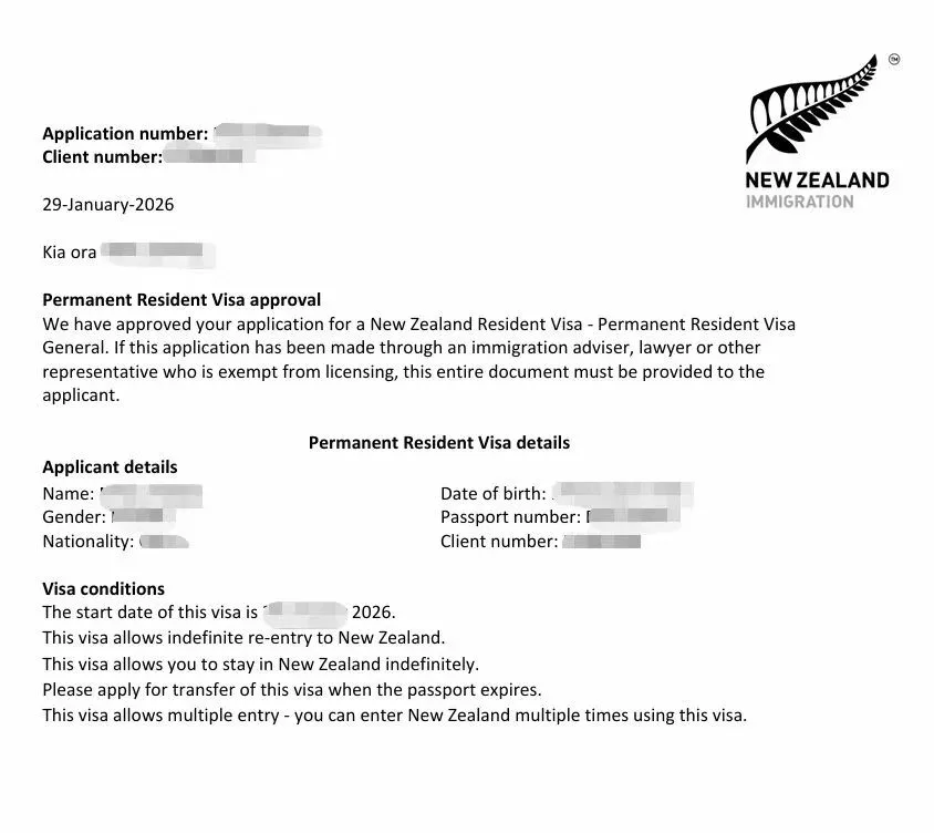 Anonymised Permanent Resident Visa approval notice