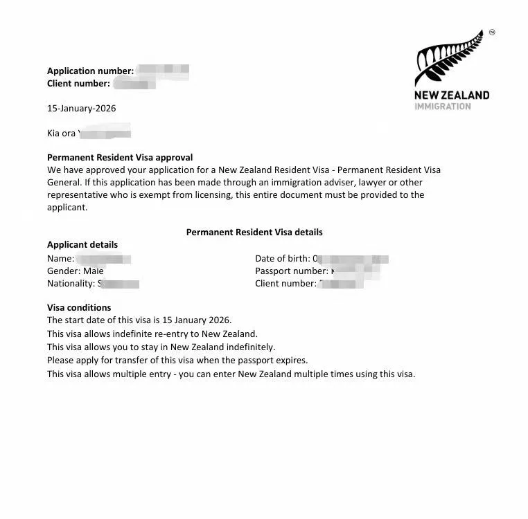 Anonymised Permanent Resident Visa approval notice