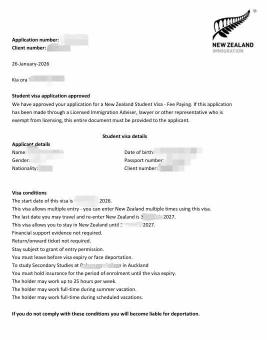 Anonymised Student Visa approval notice