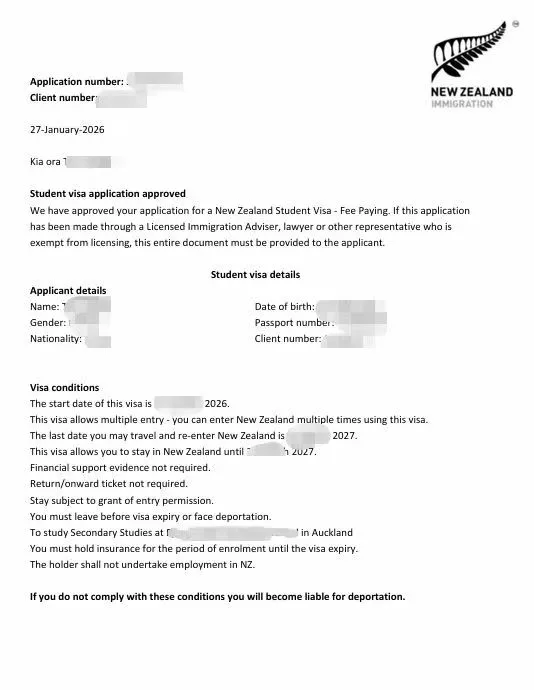 Anonymised Student Visa approval notice