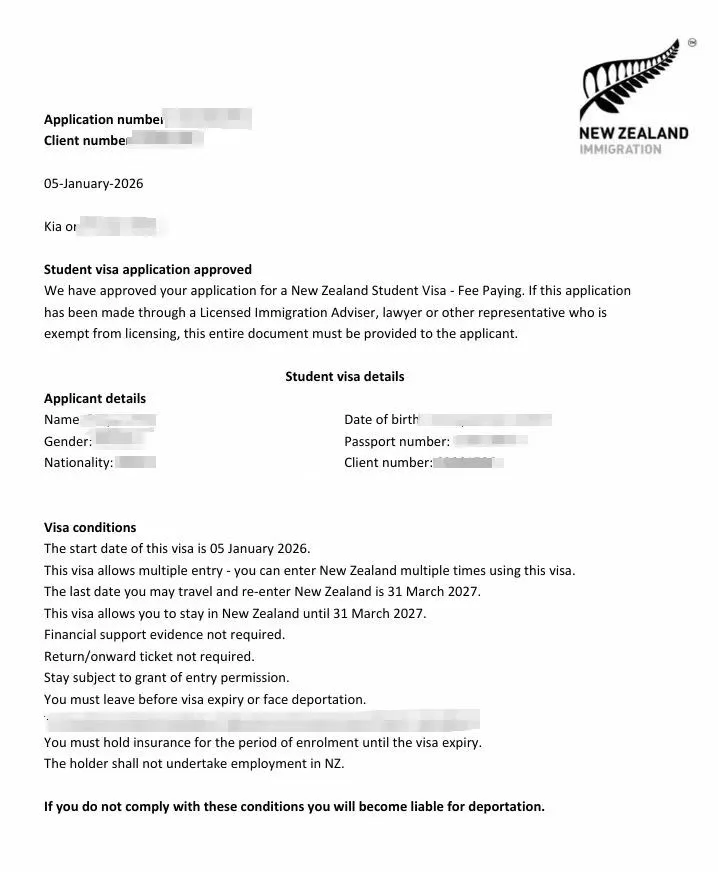 Anonymised Student Visa approval notice