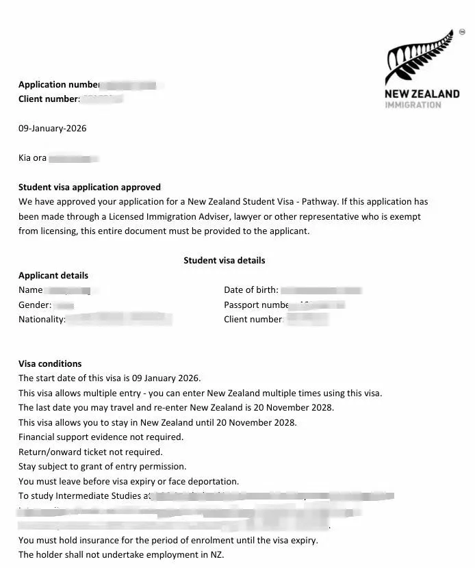 Anonymised Student Visa approval notice
