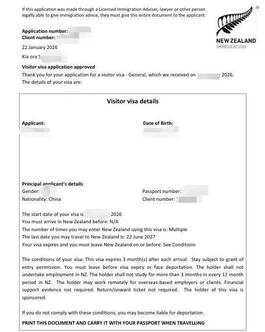 Anonymised Visitor Visa approval notice