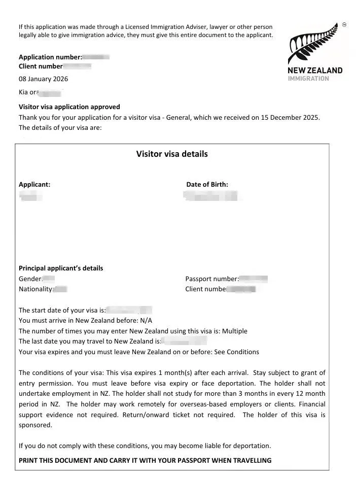 Anonymised Visitor Visa approval notice