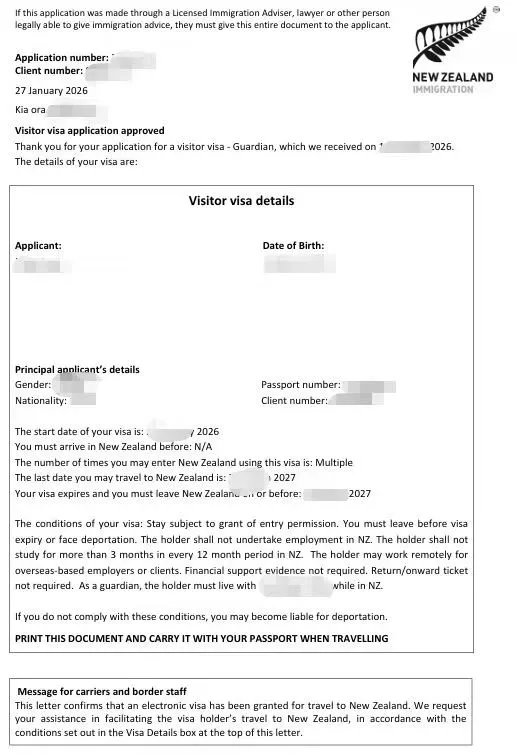 Anonymised Visitor Visa approval notice