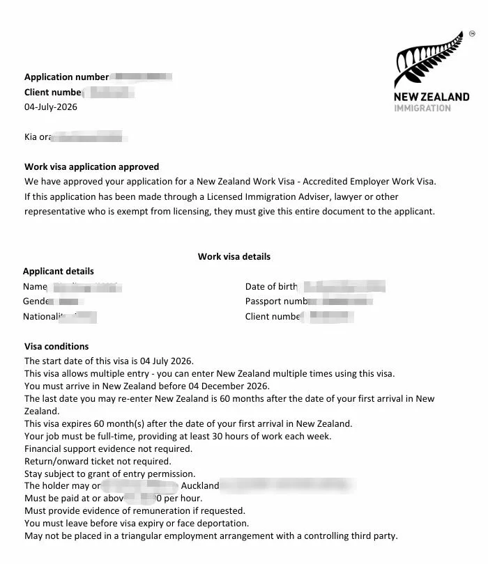 Anonymised Accredited Employer Work Visa approval notice