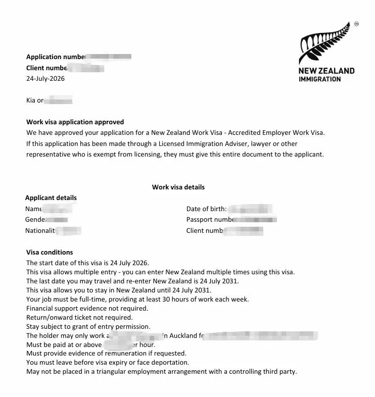 Anonymised Accredited Employer Work Visa approval notice