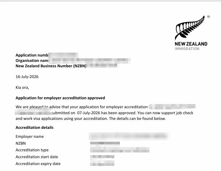 Anonymised Employer Accreditation approval notice