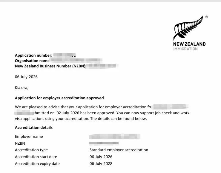 Anonymised Employer Accreditation approval notice