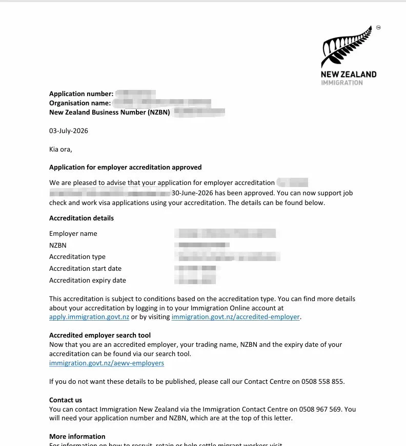 Anonymised Employer Accreditation approval notice