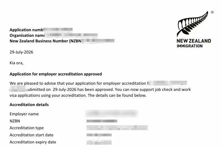 Anonymised Employer Accreditation approval notice