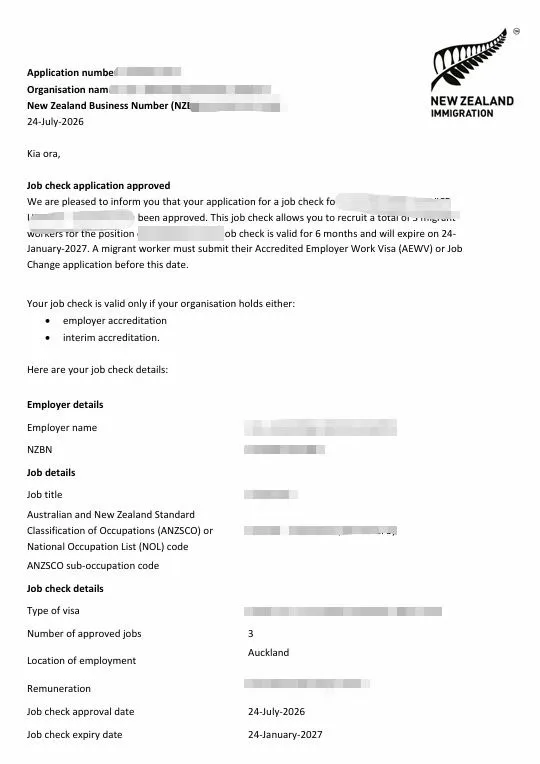 Anonymised Job Check approval notice