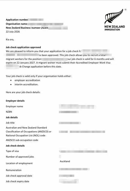 Anonymised Job Check approval notice