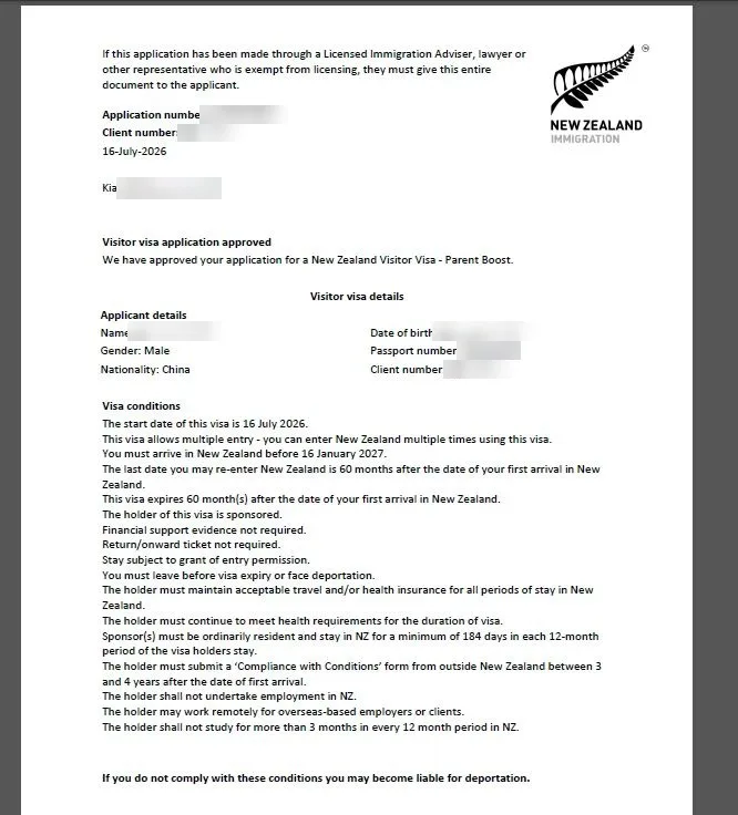 Anonymised Parent Boost Visitor Visa approval notice