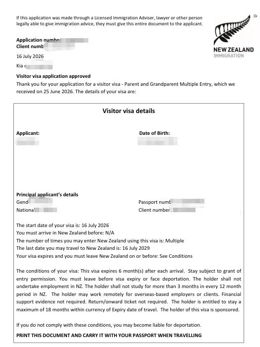 Anonymised Parent and Grandparent Visitor Visa approval notice