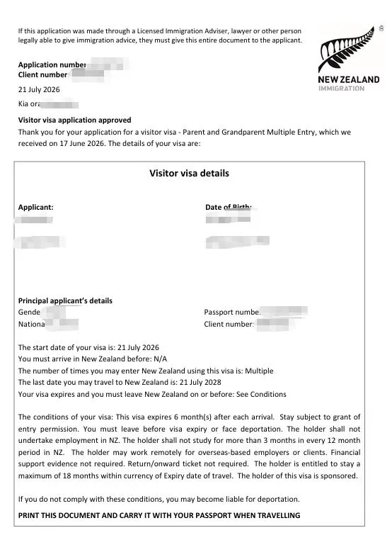 Anonymised Parent and Grandparent Visitor Visa approval notice