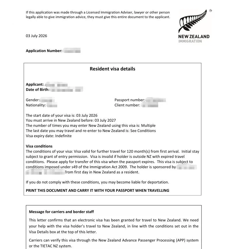 Anonymised Parent Resident Visa approval notice