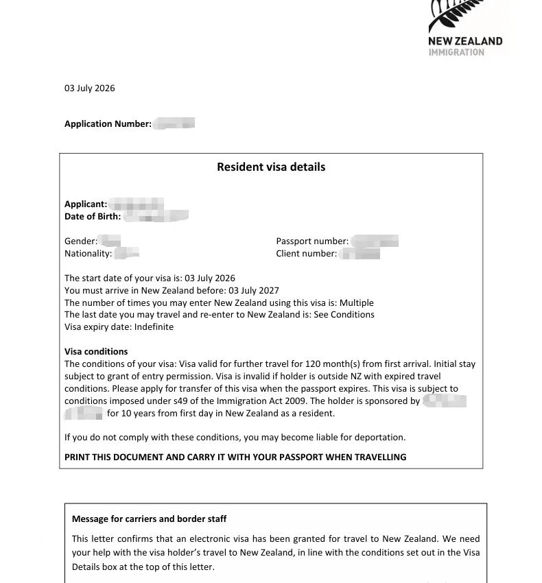 Anonymised Parent Resident Visa approval notice