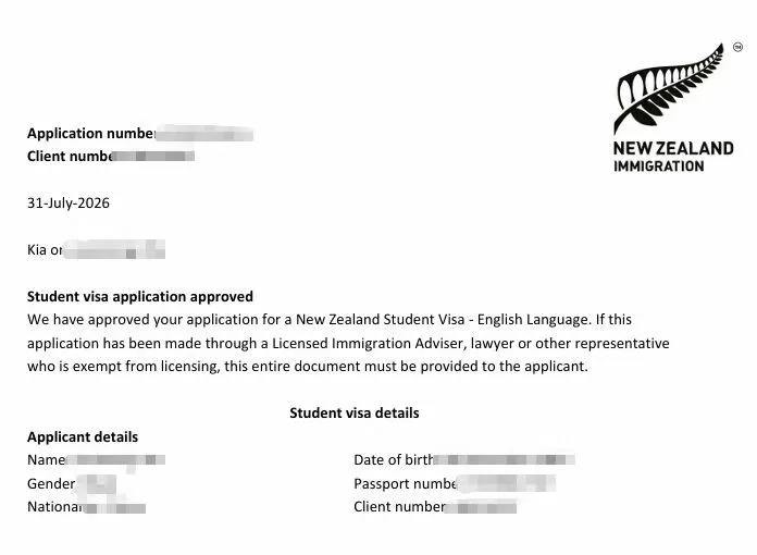 Anonymised Student Visa approval notice