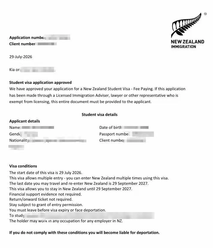 Anonymised Student Visa approval notice