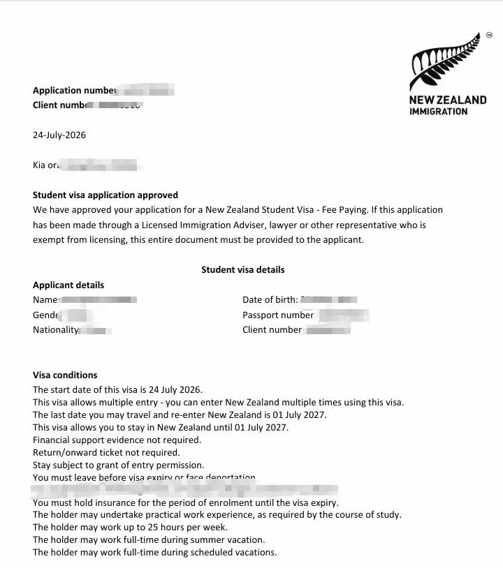Anonymised Student Visa approval notice
