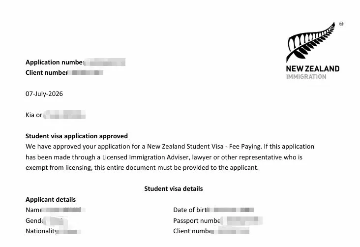 Anonymised Student Visa approval notice