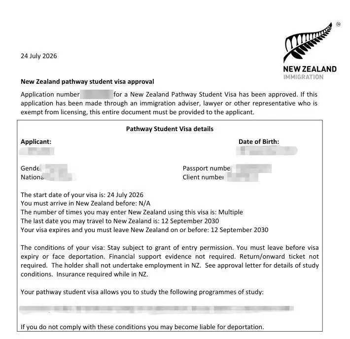 Anonymised Student Visa approval notice