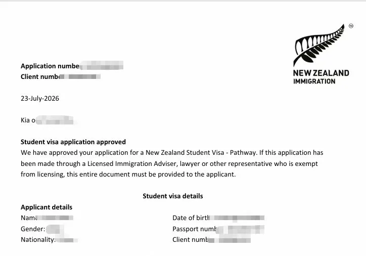 Anonymised Student Visa approval notice