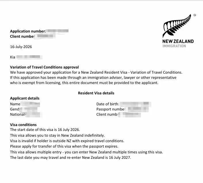 Anonymised Variation of Travel Conditions approval notice