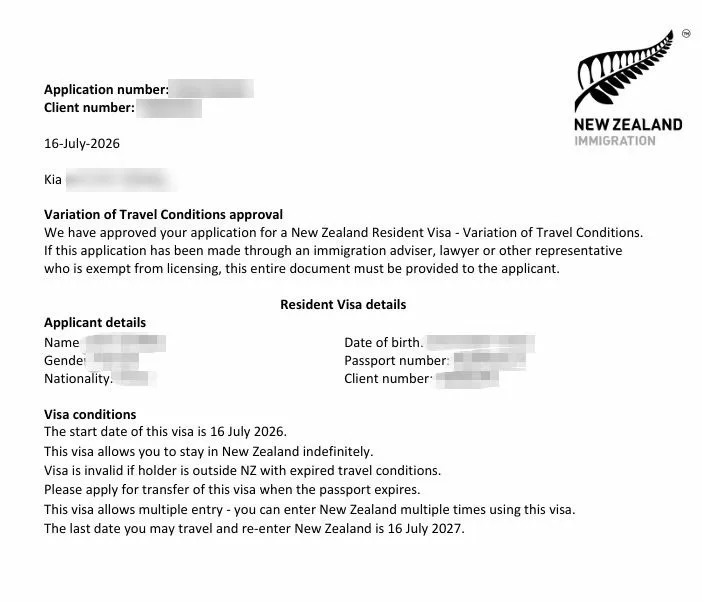 Anonymised Variation of Travel Conditions approval notice