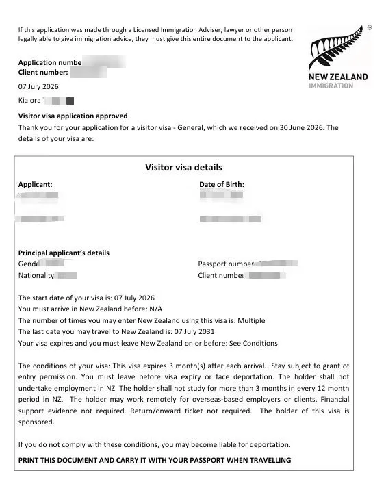 Anonymised Visitor Visa approval notice