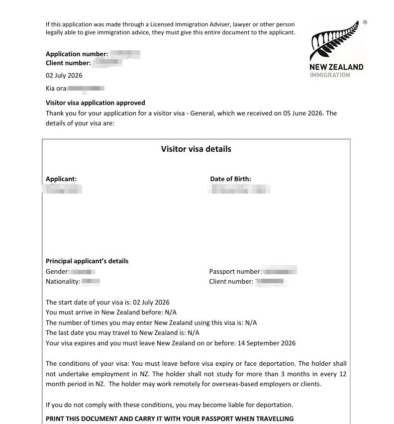 Anonymised Visitor Visa approval notice
