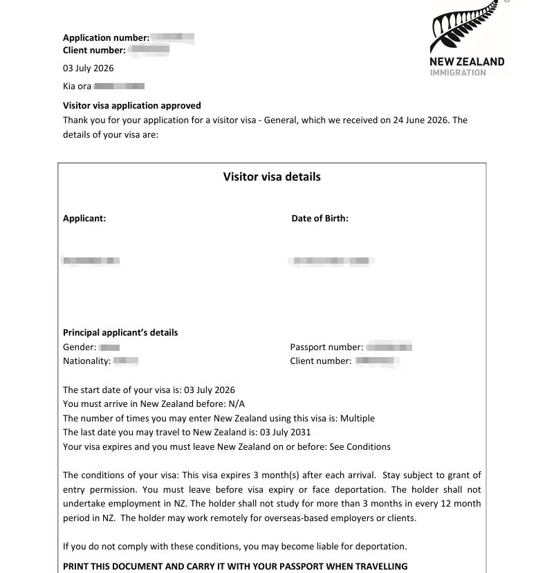 Anonymised Visitor Visa approval notice