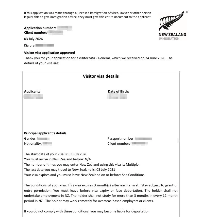 Anonymised Visitor Visa approval notice