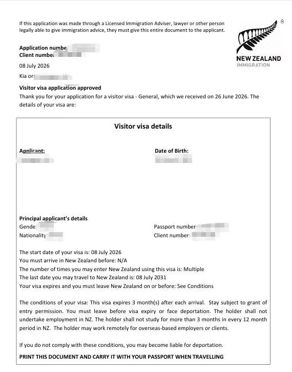 Anonymised Visitor Visa approval notice