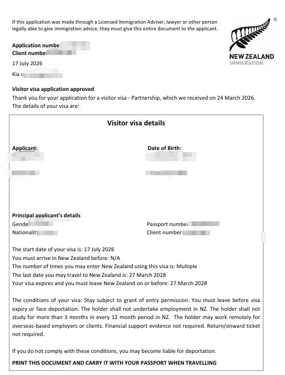 Anonymised Visitor Visa approval notice