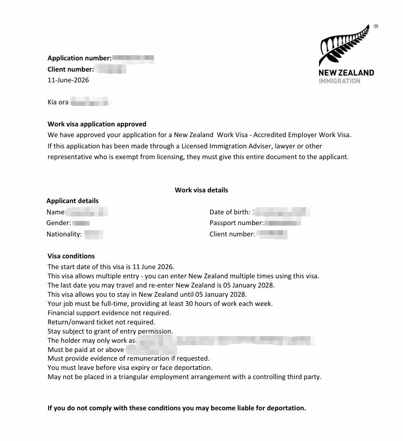 Anonymised Accredited Employer Work Visa approval notice
