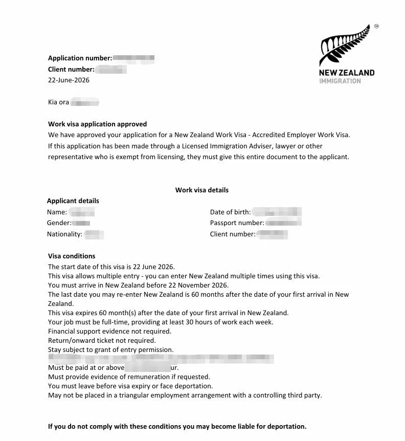 Anonymised Accredited Employer Work Visa approval notice