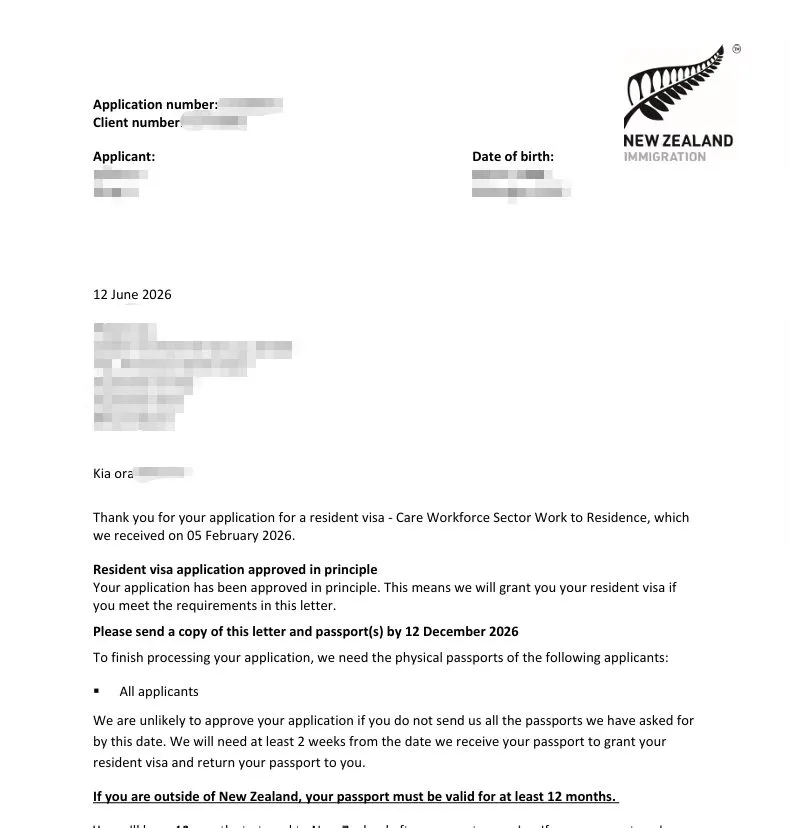 Anonymised Work to Residence Resident Visa approval in principle notice