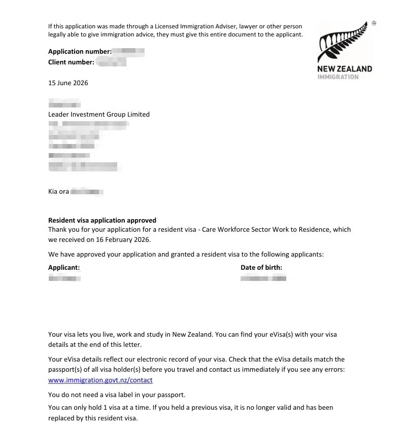 Anonymised Work to Residence Resident Visa approval notice